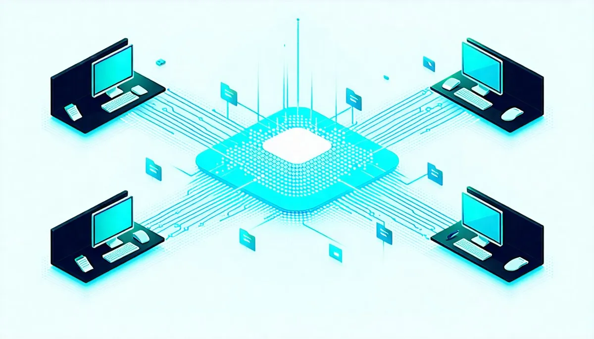 Isometric scheme of four workstations connected via network to a central cloud node